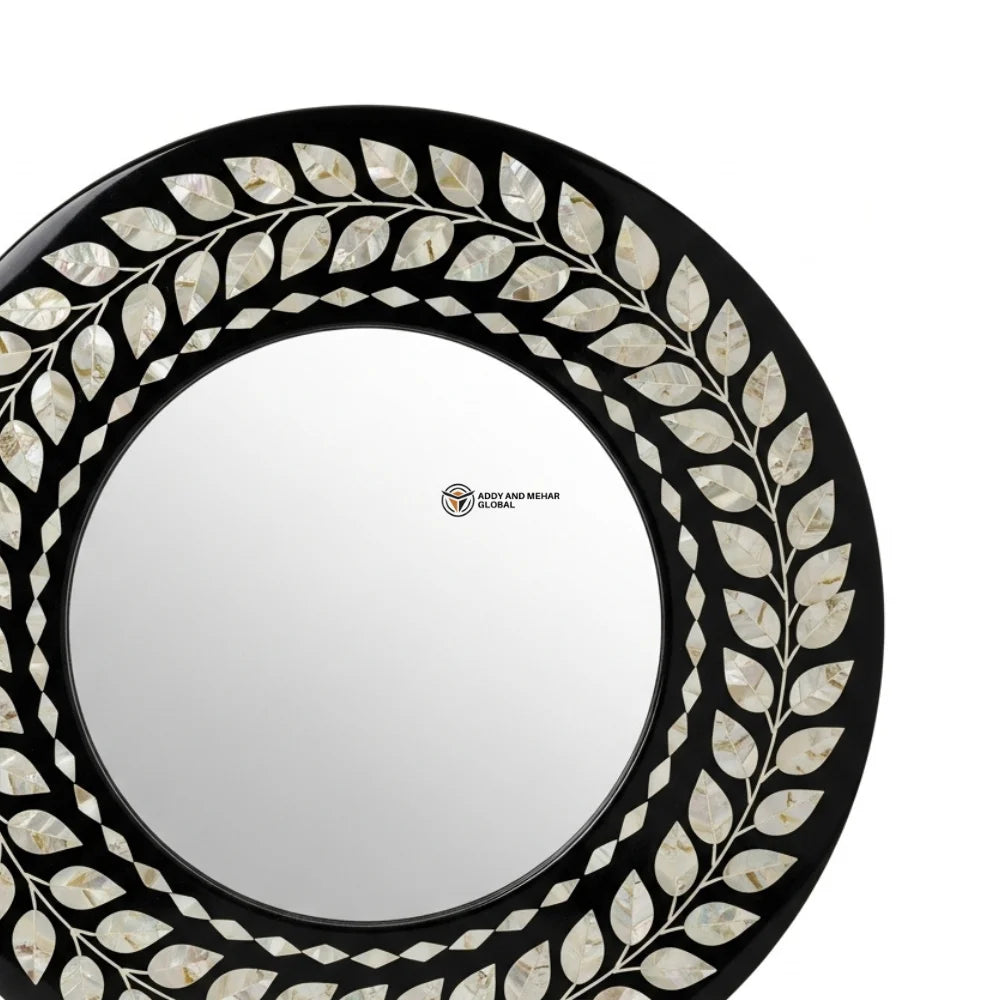 Artisan-Crafted Eco-Friendly Square Art Deco Wall Mirror with Intricate Ivory Vine Inlay on Deep Black Frame for Wedding Decor