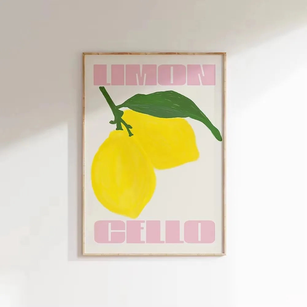 Retro Limon Cello Lemon Fruit Canvas Print Positano Lemon Strawberry Fruit Market Poster for Modern Bedroom Kitchen Home Decor