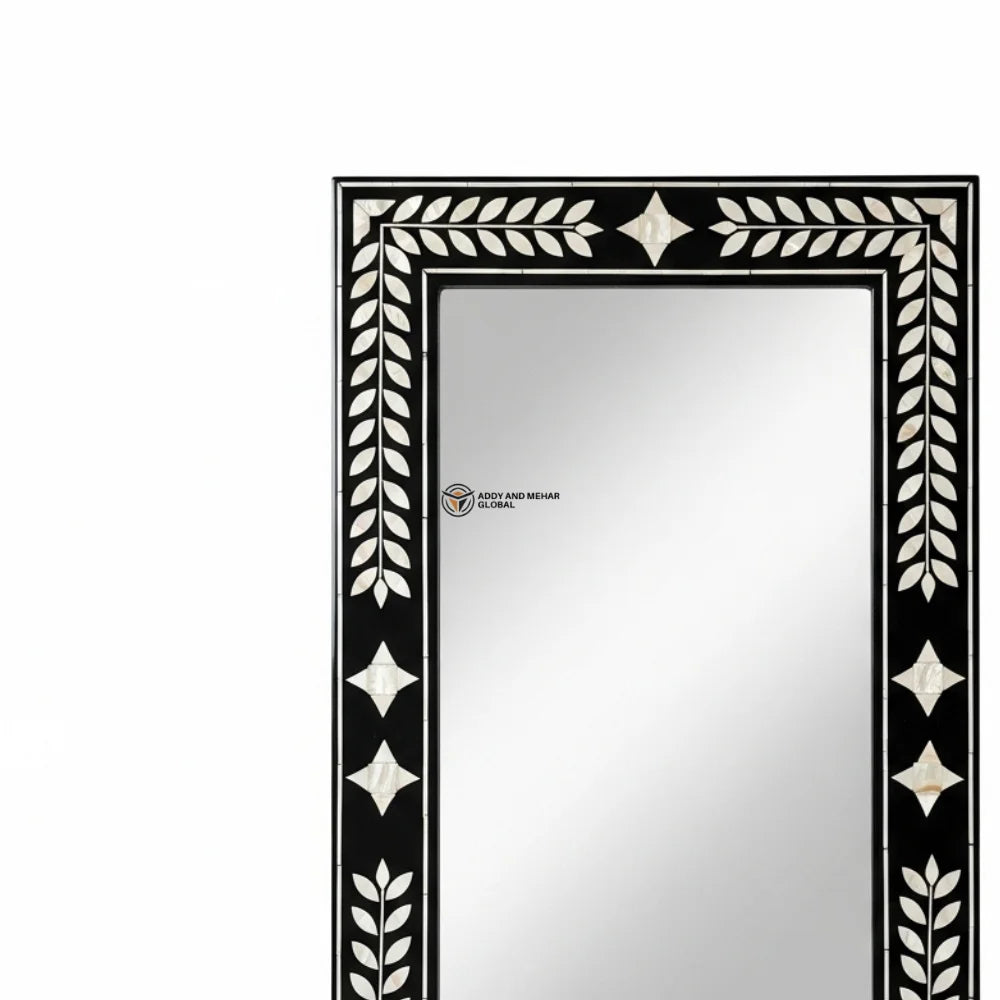 Handcrafted Art Deco Square Black Ivory Laurel Inlay Eco-Friendly Framed 5mm Thick Decorative Wall Mirror Geometric Star Accents