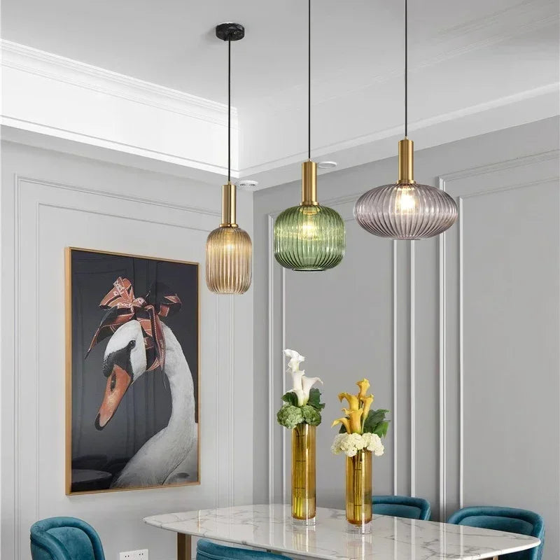 Striped Nordic Vintage Colorful Glass Chandelier For Dining Room Kitchen Island Pendant Light Bedroom Bedside Hanging Lamp