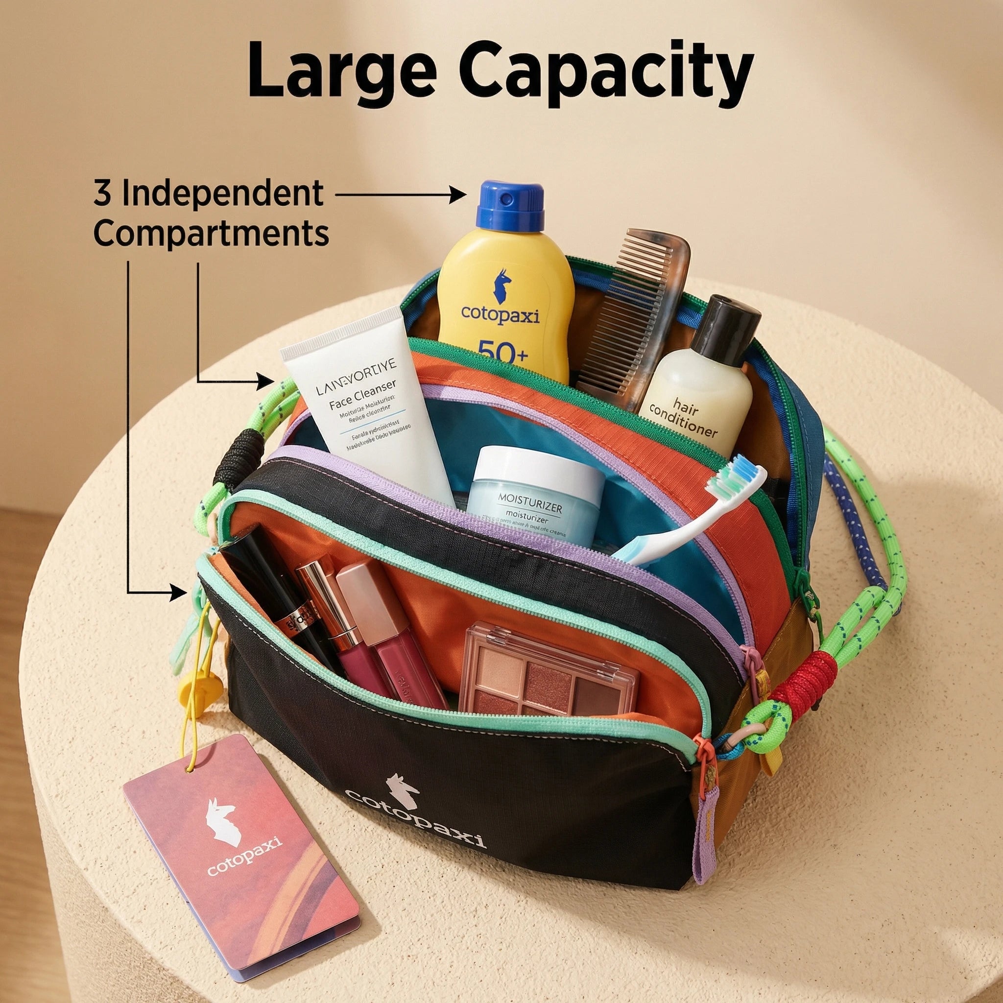 Alpaca Dopamine-Colored Wash & Storage Bag, featuring three main zipper compartments for organized separation. Portable and reas