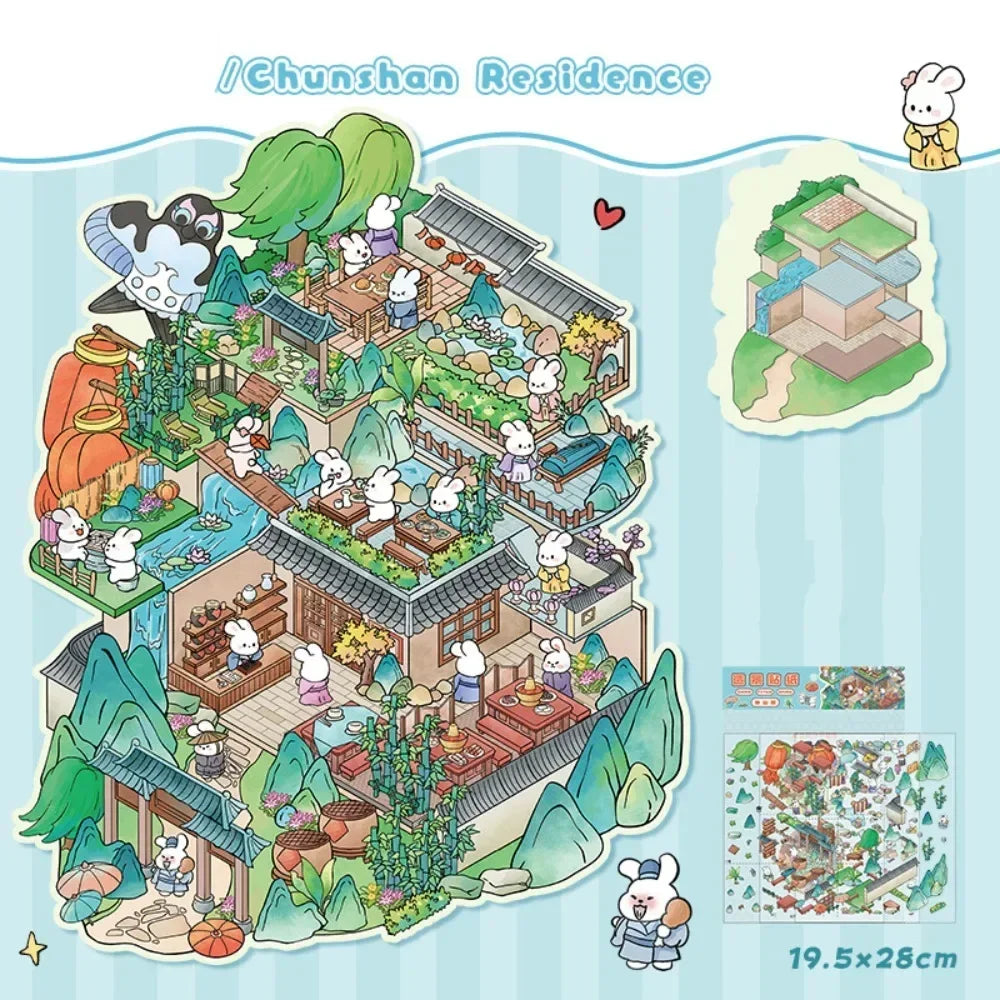 New Cartoon 3D Landscape Sticker Book Three-dimensional DIY Cabin Scene Pocket Sticker Miniature Scene Book Student Kid Child
