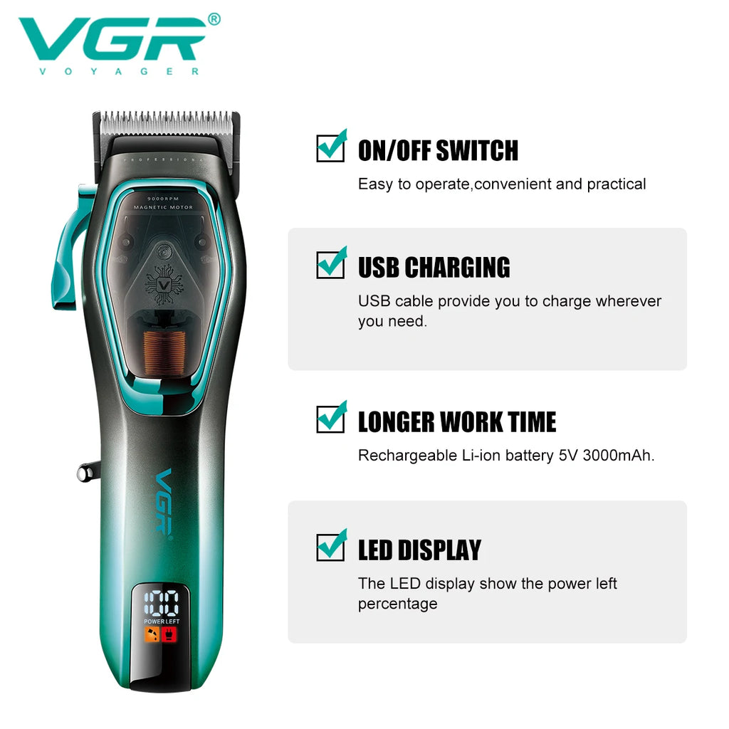 VGR Hair Clipper Professional Hair Trimmer 9000 RPM Hair Cutting Machine Adjustable Barber Haircut LED Trimmer for Men V-674