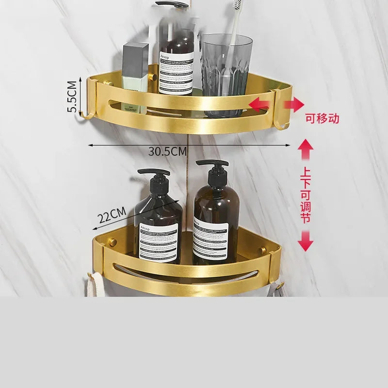 Bathroom accessories: brushed golden corner rack, towel rack, bathroom storage rack, bathroom hardware pendant bath accessories