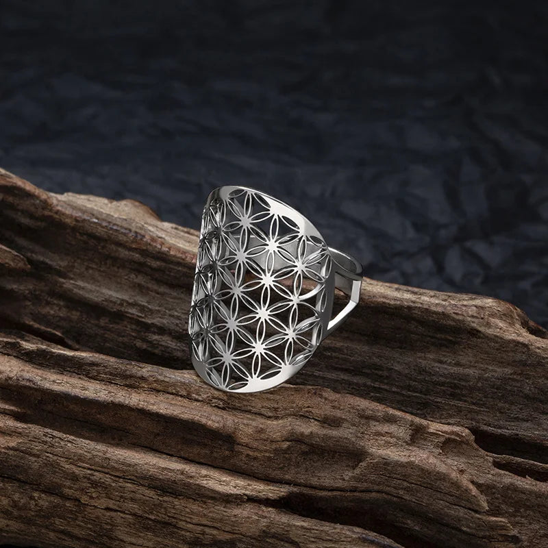 Stainless Steel Big Hollow Flower Of Life Ring Adjustable Sacred Geometry Rings For Women Men Jewelry