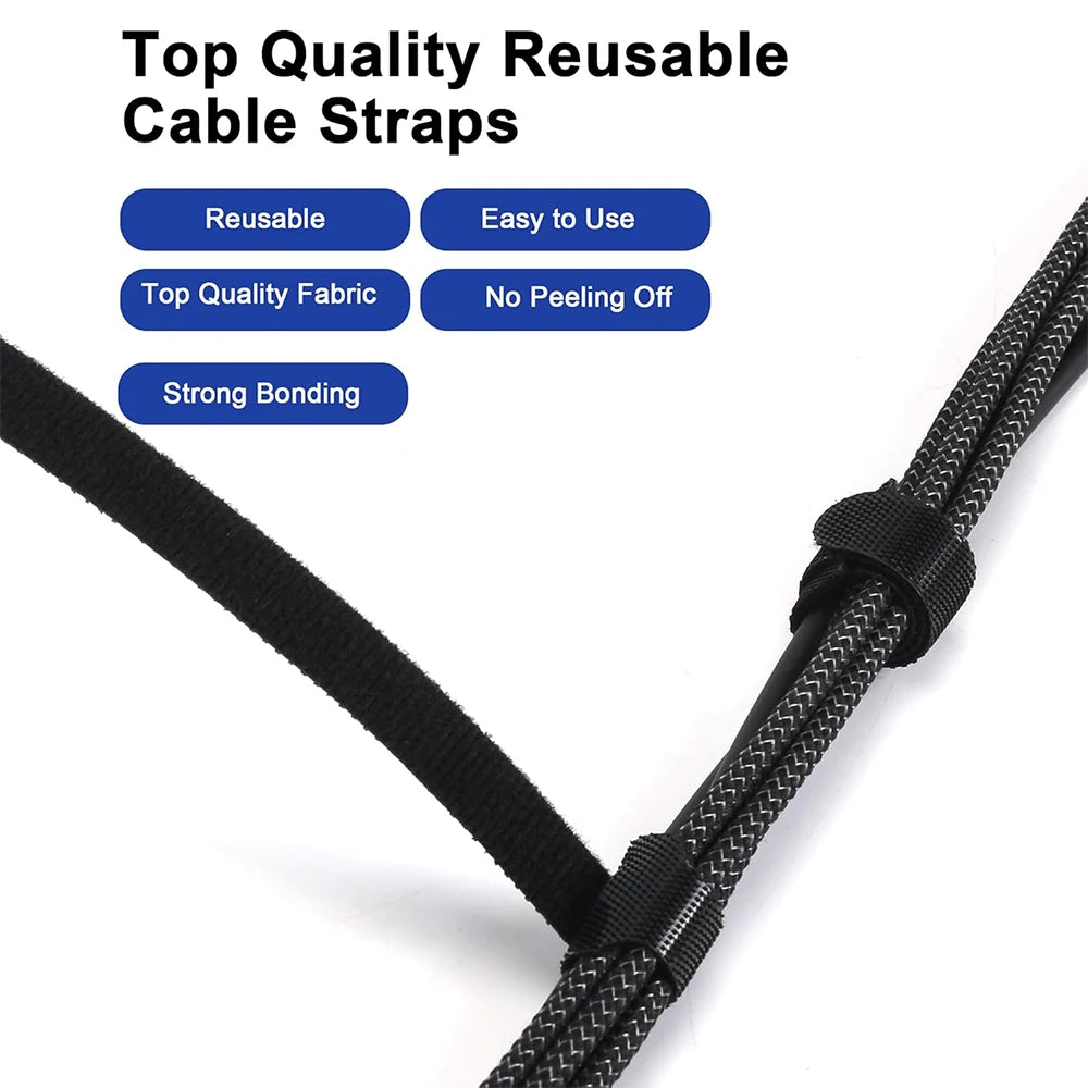 Black Releasable Cable Ties Nylon Loop Hoop Fastener Tape Cord Straps Wire Organizer Multi-Purpose Bundling Wrap Tie