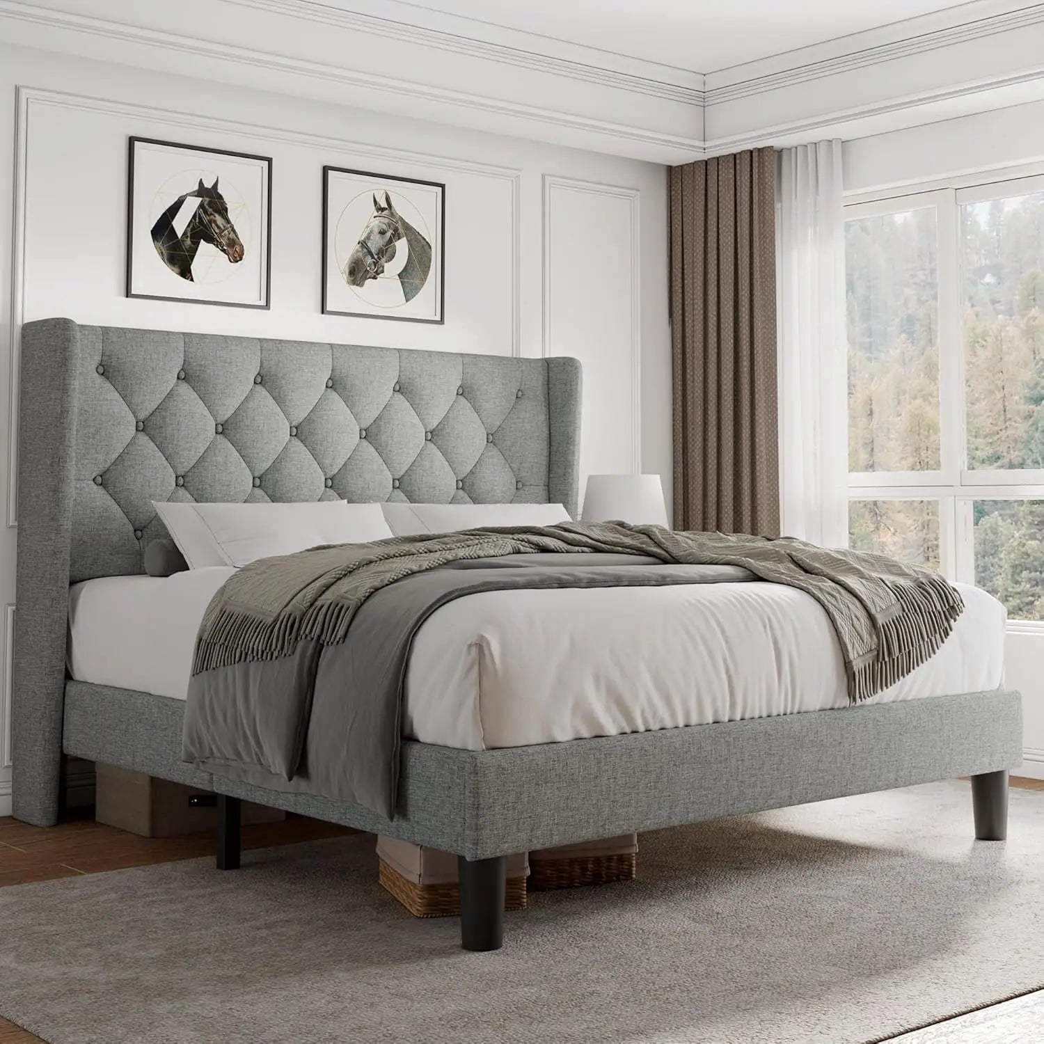 Queen Velvet Platform Bed Button Tufted Upholstered Frame Wooden Slats 8" Underbed Storage No Box Spring Noise Free Easy Assembl