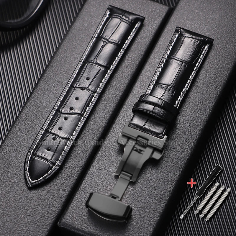 10/12/14/15/16/17/18/19/20/21/22/23/24mm Cowhide Leather Watch Strap Waterproof Sport Wrist Band Metal Butterfly Buckle Bracelet