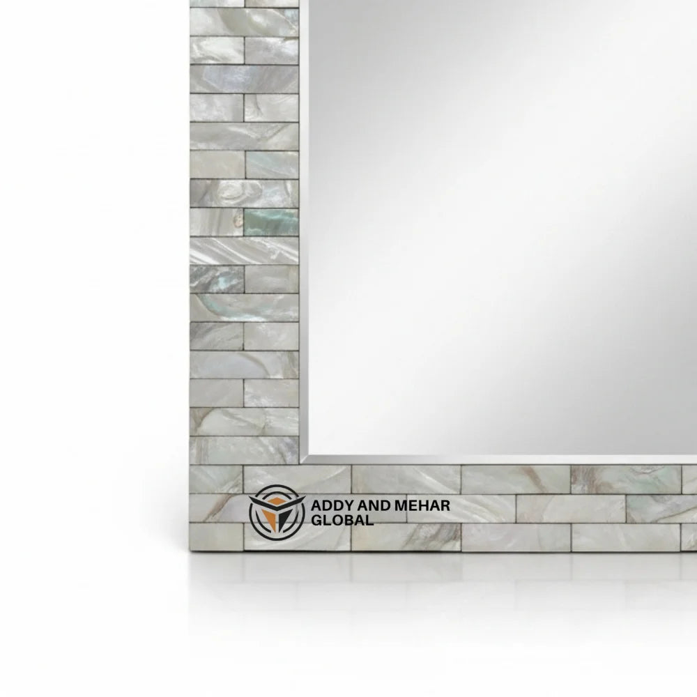 Luxury Mother Pearl Inlay Handmade Shell Wall Mirror Gray Frame Art Deco Design Eco-Friendly Wedding Decor Addy Mehar Global
