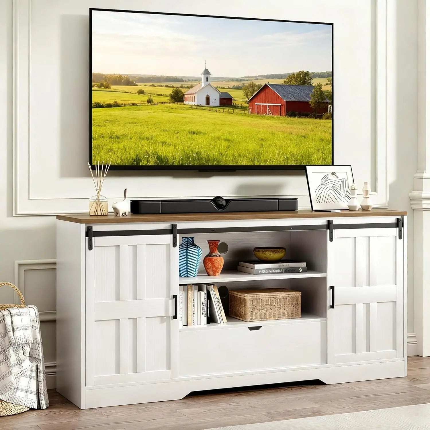 69" Fluted TV Stand Storage Console 3 Drawers & Doors Faux Marble Top Blue Customized