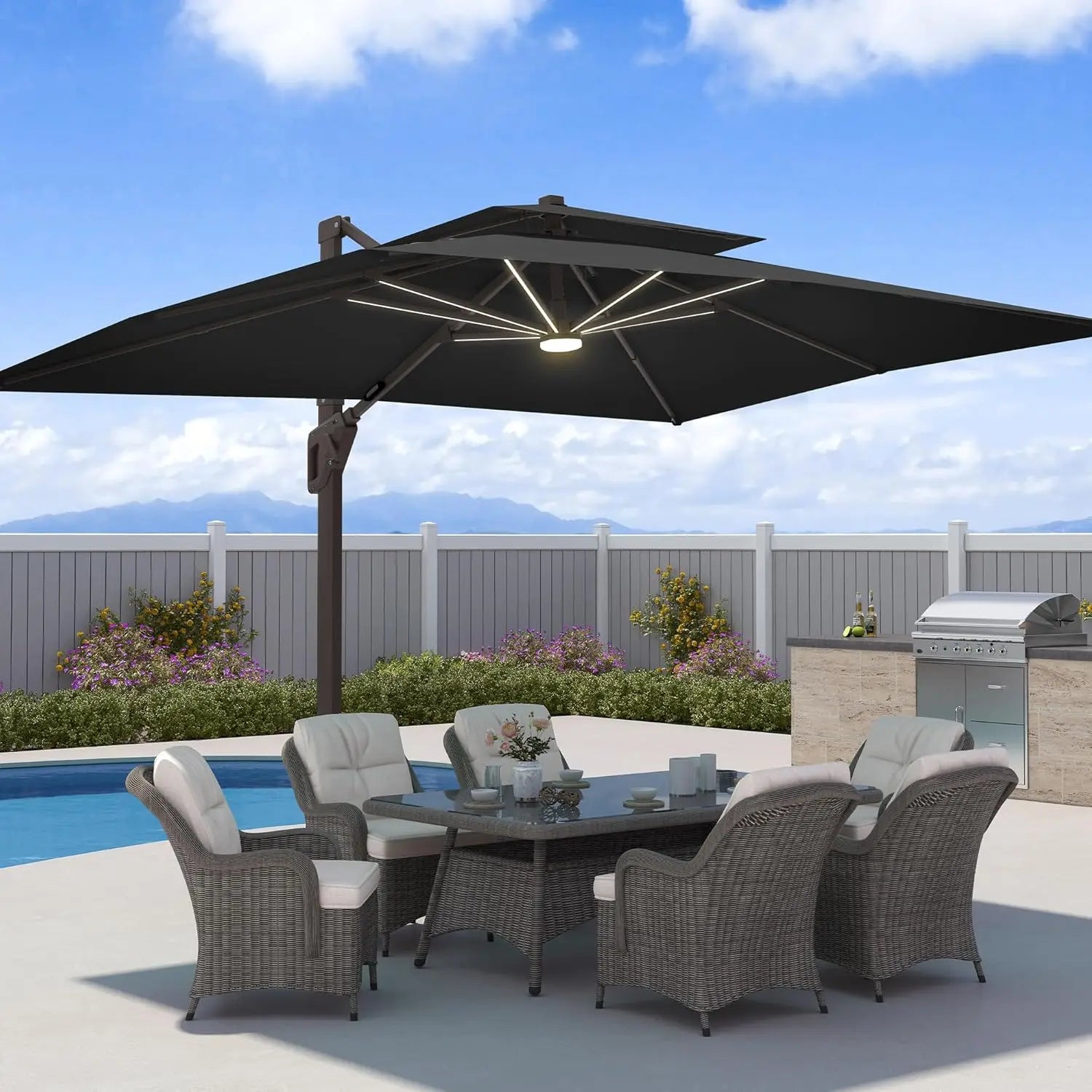 9x12 FT Patio Umbrella with LED Lights Cantilever Outdoor Large Heavy Duty Rectangle Aluminum Offset Umbrellas, Customized