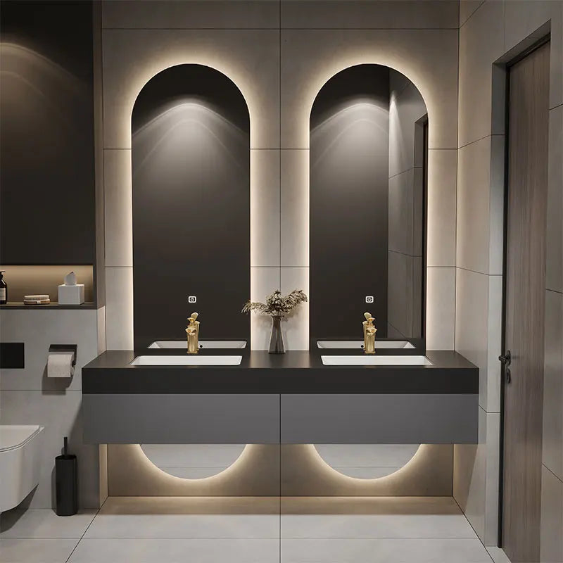 Designer Customized High-end Villa Light Luxury Rock Slab Integrated Basin Bathroom Cabinet Combination Double Mirror Wash