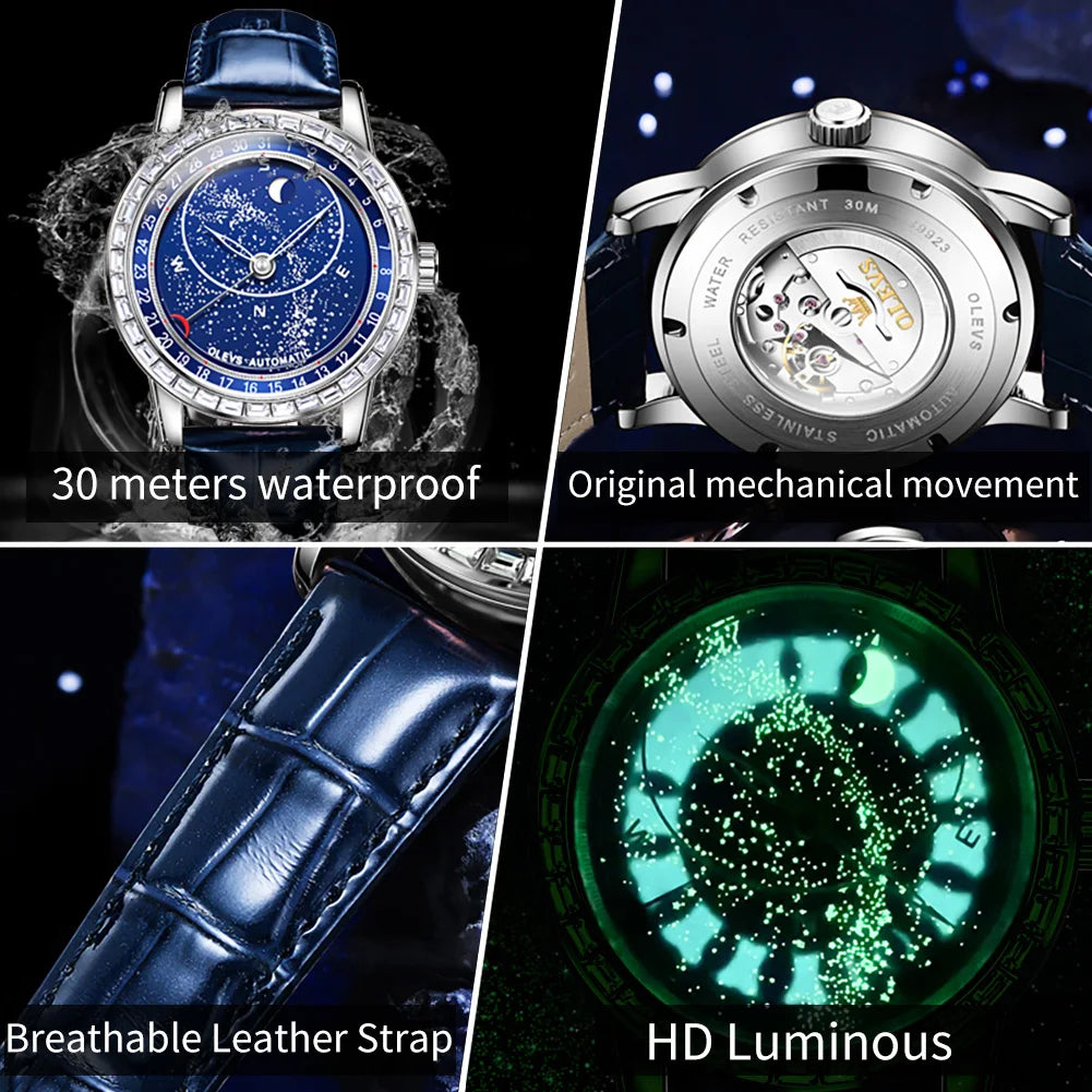 OLEVS Original Men's Automatic Mechanical Watch Fashion Business Leather Strap Luxury Diamond Starry Sky Moon Phase Men's Watch
