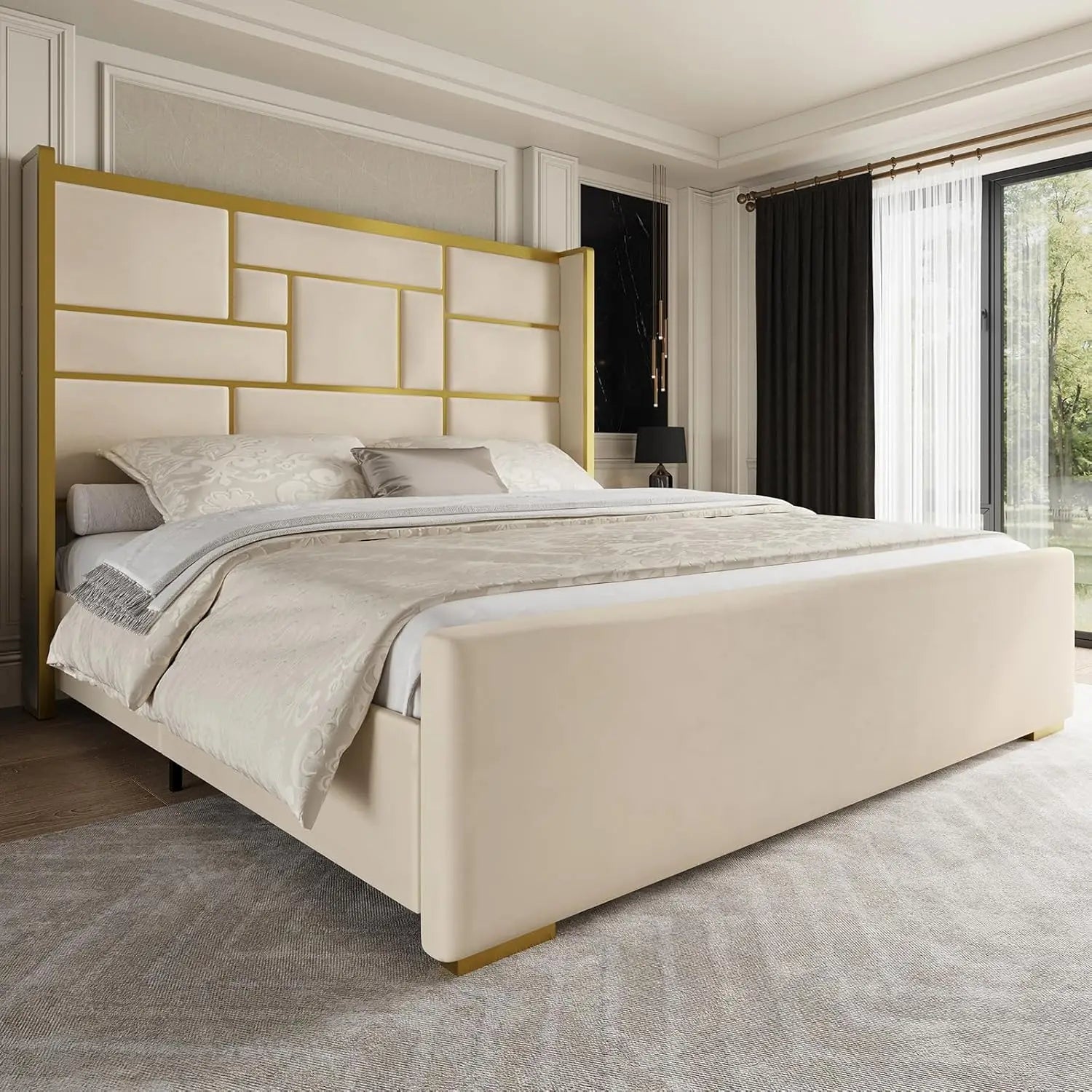 Bed Frame with 55.12" Tall Headboard, Modern Luxury Velvet Upholstered Platform Bed with Gold Trim, Wide Wingback, Custom
