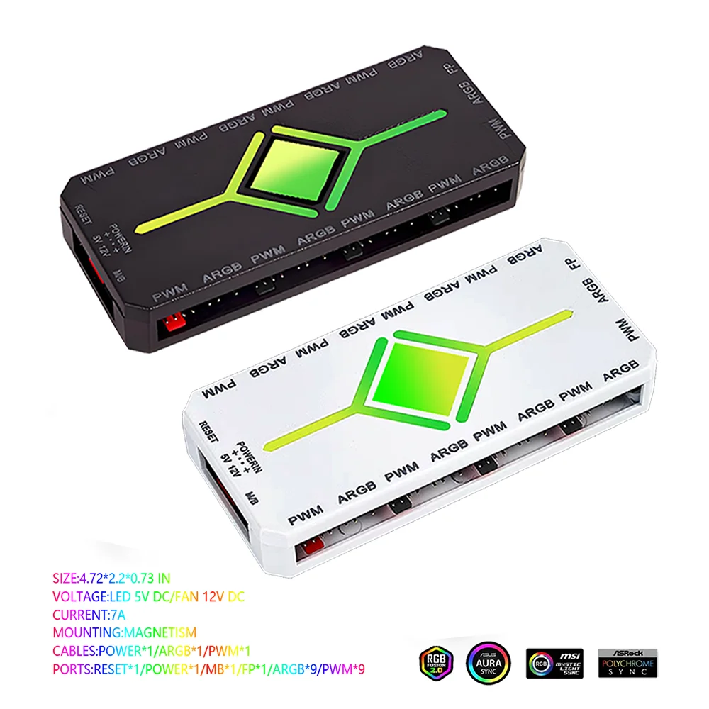 1~9 Port 3-in-1 4-Pin PWM Magnetic Hub with Remote PWM Magnetic Fan Hub Splitter ARGB Hub Splitter for PC Cases