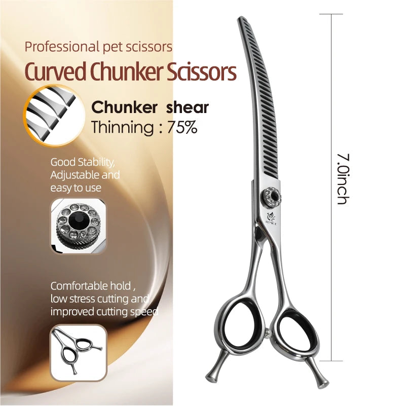 Fenice CIQ Professional 7.0/7.5 Inch JP440C Dog Grooming Scissors Curved Chunker /Thinning Scissors for Dogs Cats and Other Pets