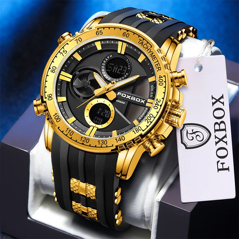FOXBOX Men Luxury Watches Dual Display Watches Waterproof Mens Sport Wrist Watch Man Military Clock Male Stopwatch Reloj Hombre
