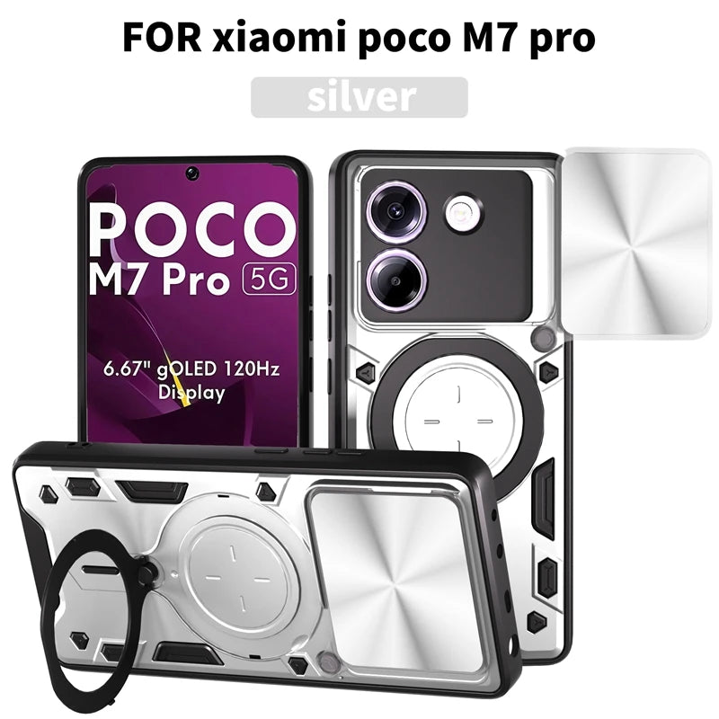 For Xiaomi POCO M7 Pro 5G Case Armor Car Magnetic Holder Ring Phone Case For Mi Poco M7 Pro M7Pro Slide Lens Protector Cover
