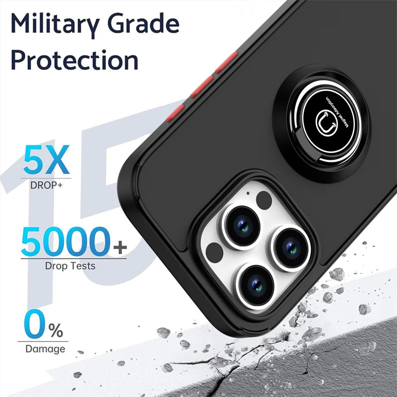 Shockproof Matte Hard PC Armor Case For iPhone 16 15 14 13 12 11 Pro Max Mini XS XR X 16e Car Magnetic Holder Ring Stand Cover