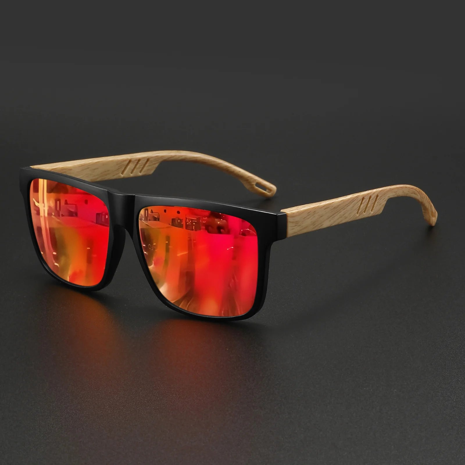 New Fashion Square Sunglasses - Wood Grain Spring Hinge, UV400 Unisex for Driving, Hiking & Travel