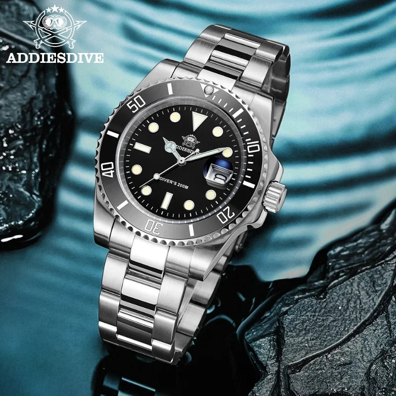 ADDIESDIVE Quartz Watch for Men 316L Stainless Steel Super Luminous Ceramic Bezel 200m Waterproof Classic Diving Men‘s Watch