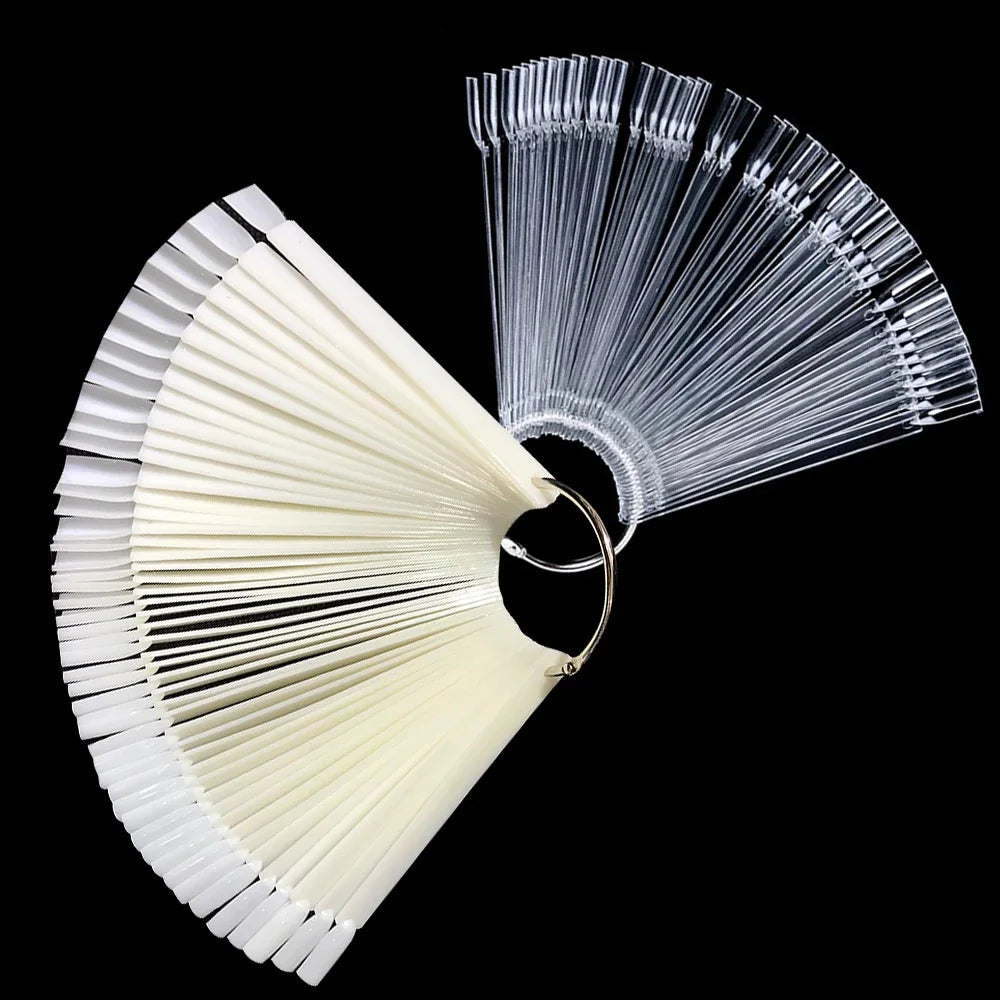 50PCS Fan shaped False Nail Swatch Sticks Nail Polish Practice Display Art Tips Nail Sample Sticks With Metal Split Ring