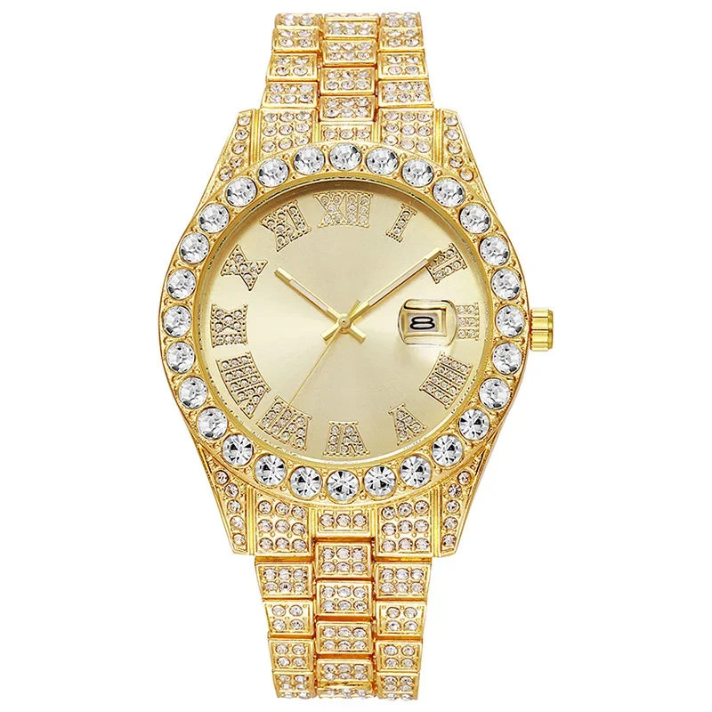 Stainless Steel Men's Watch Full Diamond Gold Quartz Watch Personality Hip-hop Feng Shui Ghost Roman Diamond Inlaid Men's Watch