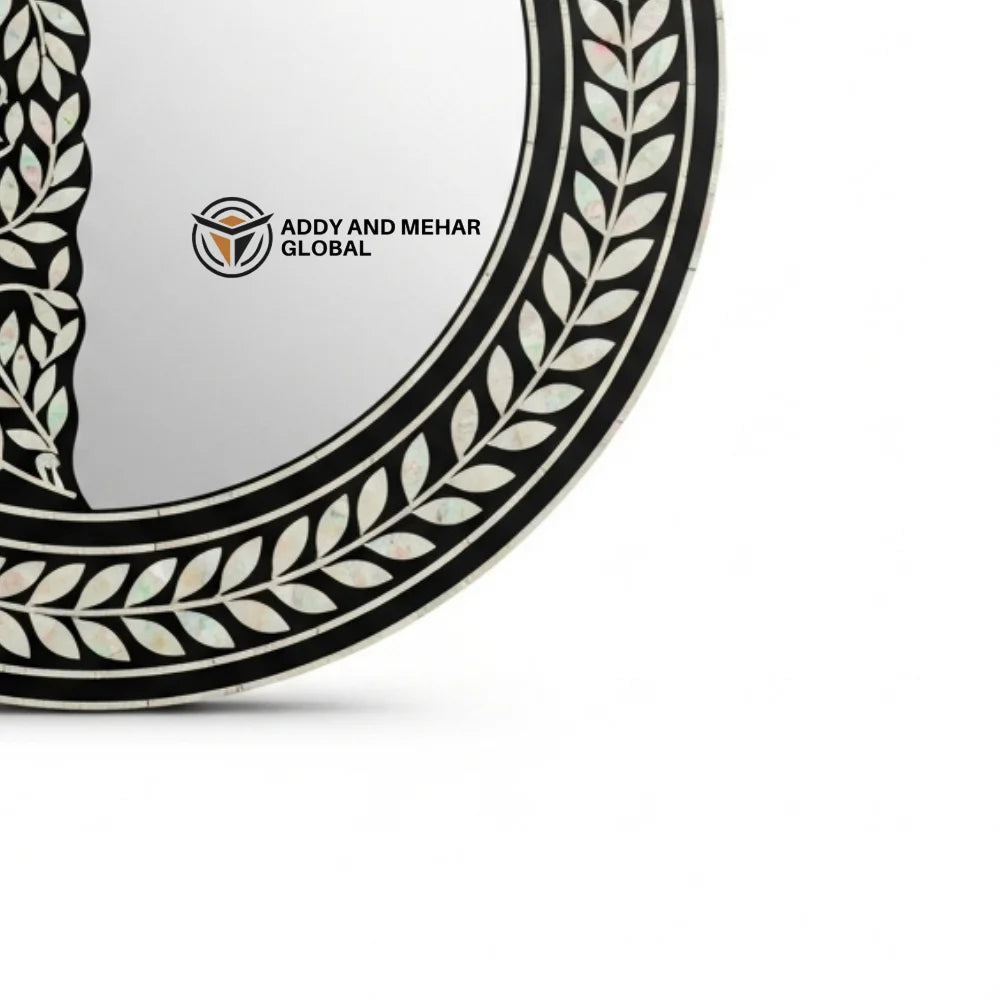 Luxury Round Mother of Pearl Inlay Handmade Shell Wall Mirror with Black Frame Art Deco Design Eco-Friendly Decorative