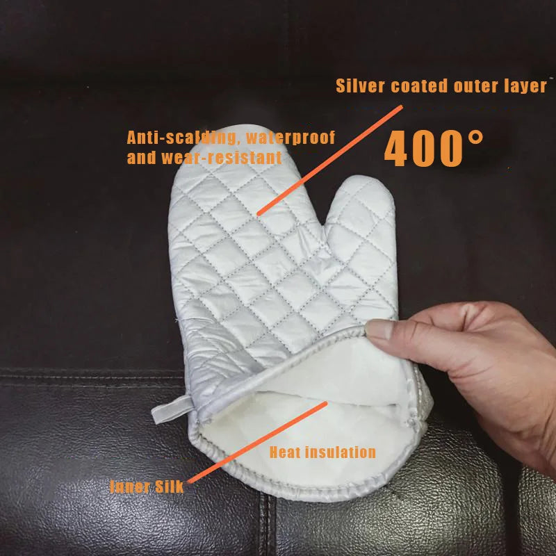 1pair Oven Mitts Kitchen Oven Microwave Gloves High Heat Resistant Long Oven Mitts Anti-scalding Silver Cloth Gloves