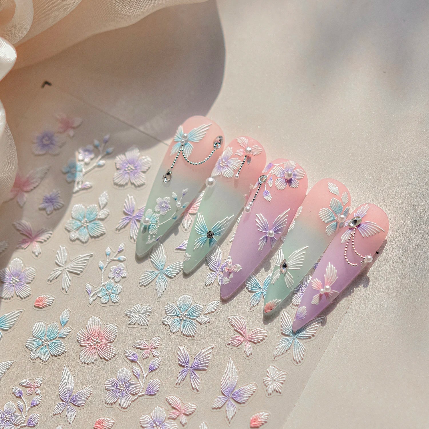 Red Butterfly 5D Nail Sticker Nail Art Decoration Spring Flowers Nail Art Decal Relief Sticker Press on Nails