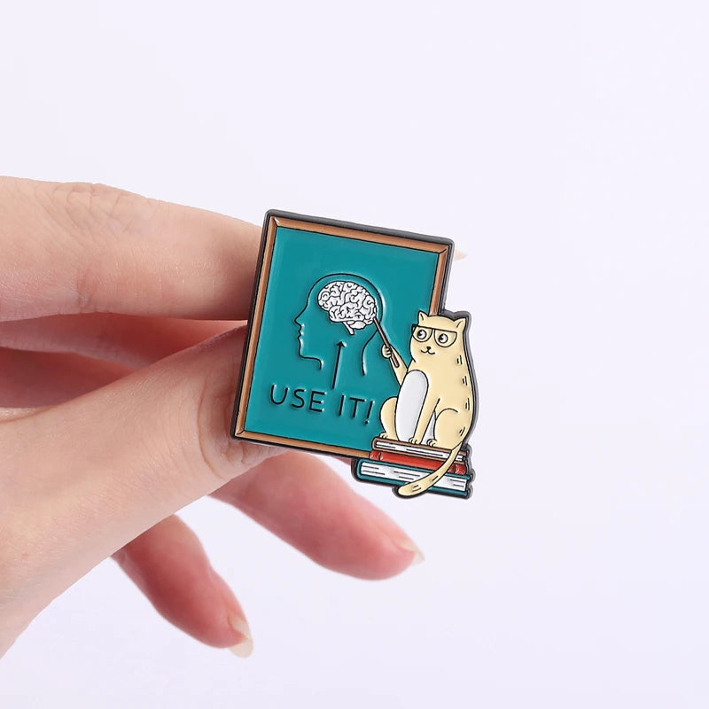 Cute Cat Teacher Brooch Enamel Pin Cat Teaching Use It Brain Encourage Thinking Brooches Clothes Lapel Badge Animal Jewelry Gift