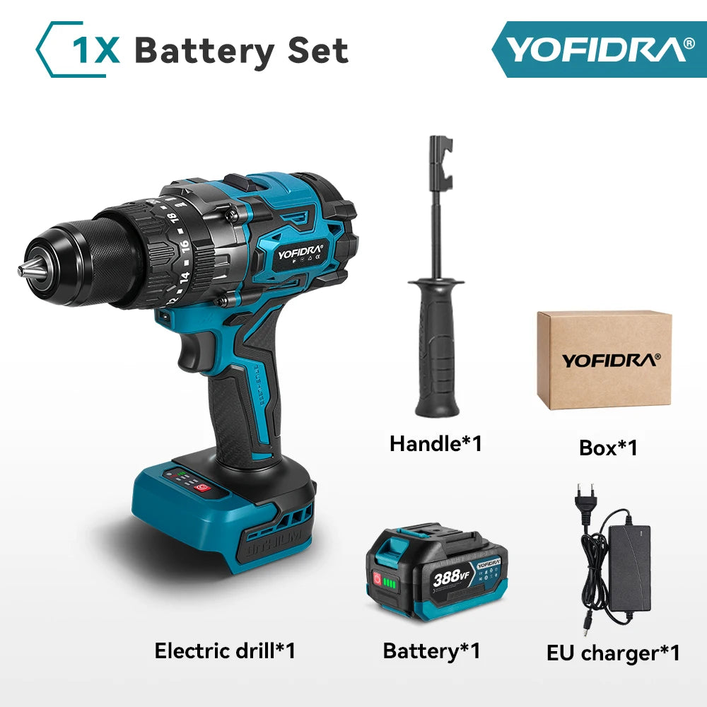 YOFIDRA 900N.M 13MM Brushless Electric Impact Drill 20+3 Torque Handheld Drilling Screwdriver Power Tool For Makita Battery Pin