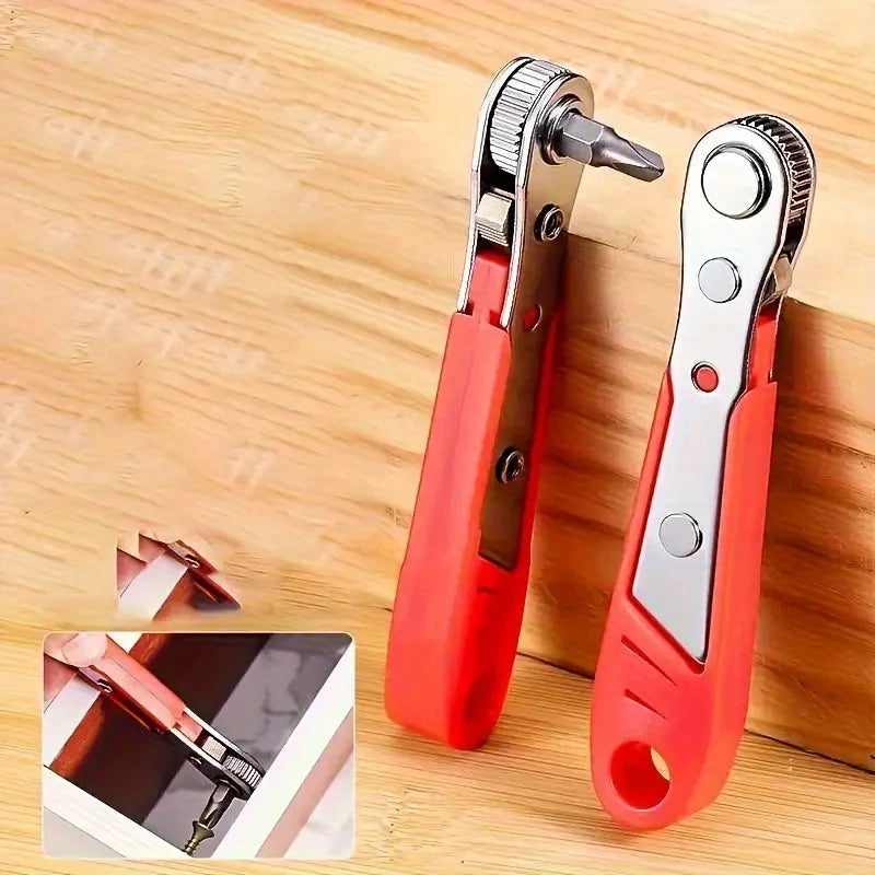 A Red Multifunctional Bidirectional Ratchet Screwdriver Right Angle Magnetic Wrench Cross Shaped Short Screw red Tool