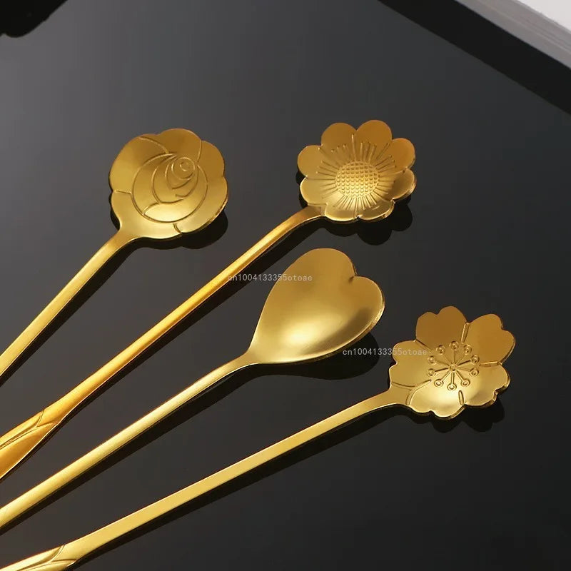 1pcs Stainless Steel Cherry Rose Flower Gold Scoop Coffee Spoon Gifts Kitchen Dessert Tea Accessories Tableware Decoration