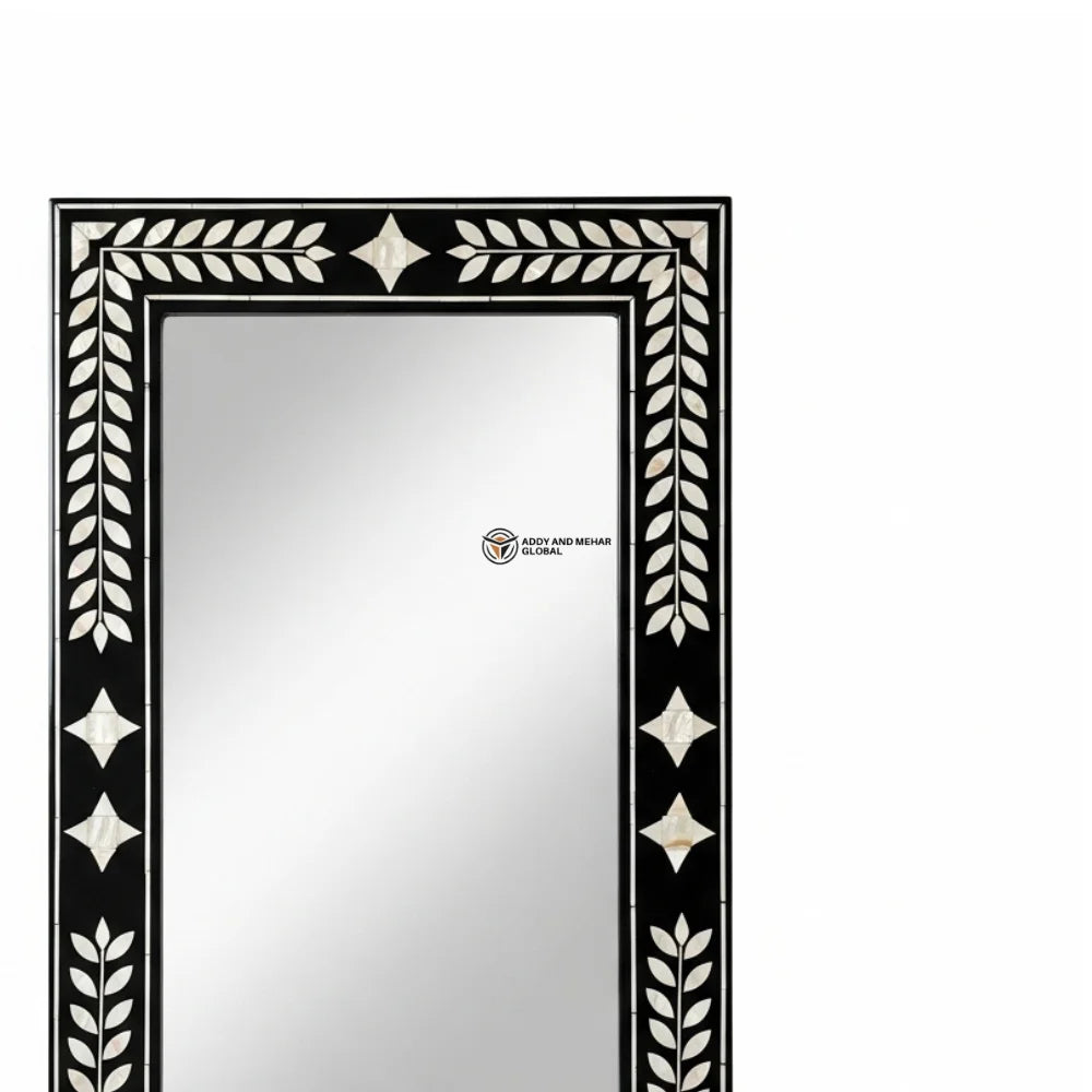 Handcrafted Black Square Art Deco Wall Mirror with Exquisite Mother of Pearl Laurel Inlay Geometric Detailing for Wedding Decor