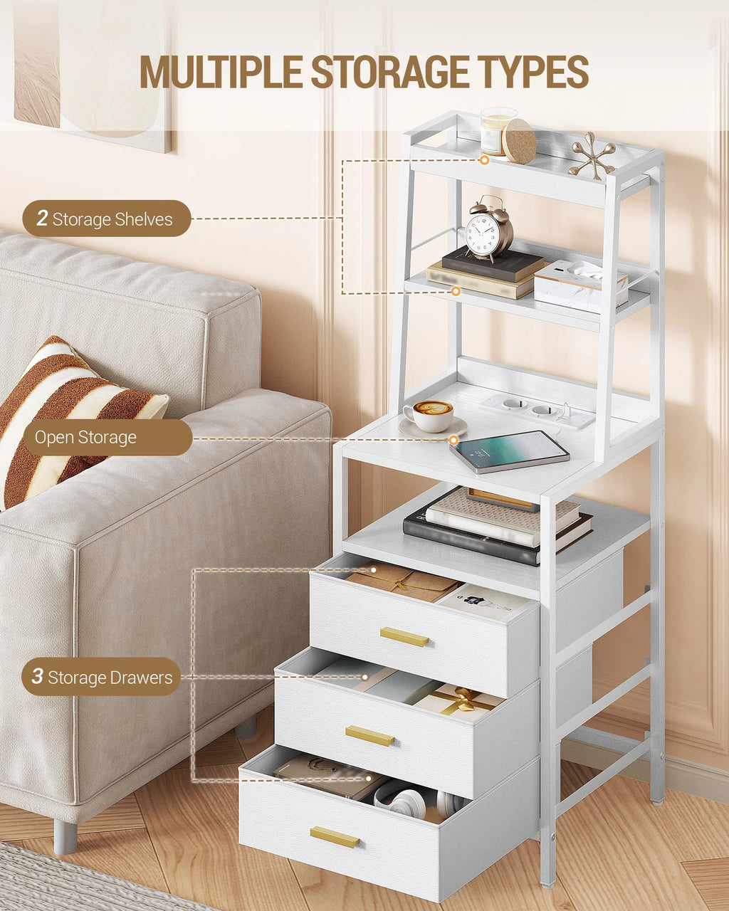 Bedside Table with Charging Function and Storage Compartment Metal 2 Sockets and 2 USB Ports Side Table with 3 Drawers Modern