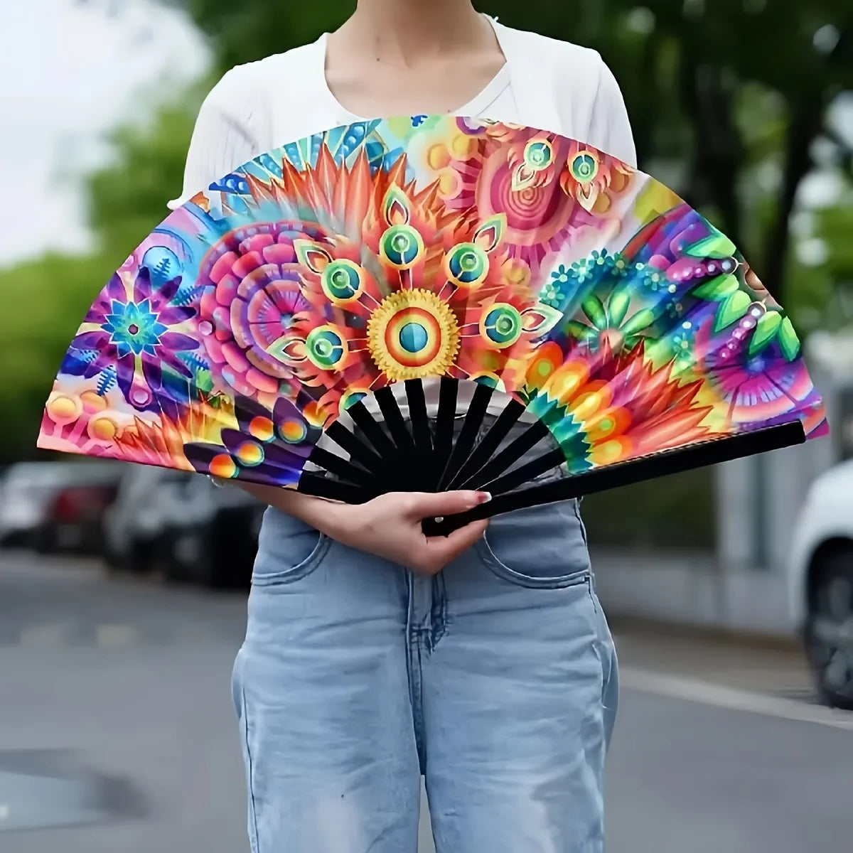 One Pack Large Carnival Folding Fan Fan Craft Fan with Energetic Neon Mushroom Pattern Can Be Used for Both Men and Women