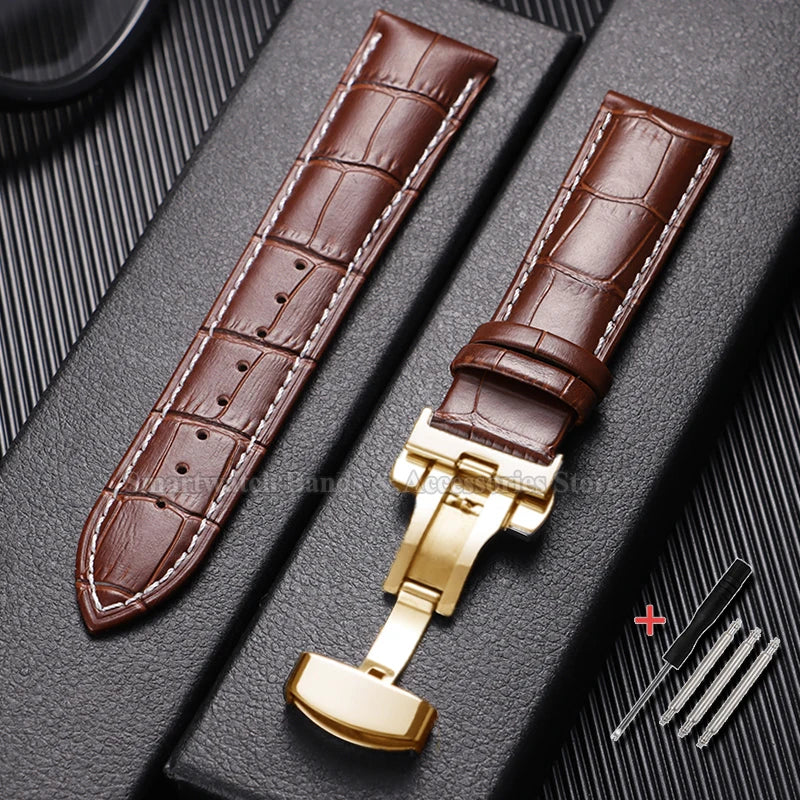 10/12/14/15/16/17/18/19/20/21/22/23/24mm Cowhide Leather Watch Strap Waterproof Sport Wrist Band Metal Butterfly Buckle Bracelet