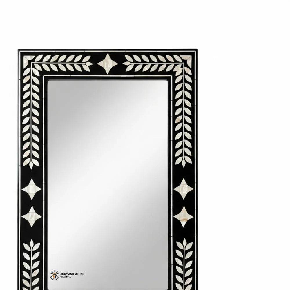 Handcrafted Art Deco Square Black Ivory Laurel Inlay Eco-Friendly Framed 5mm Thick Decorative Wall Mirror Geometric Star Accents
