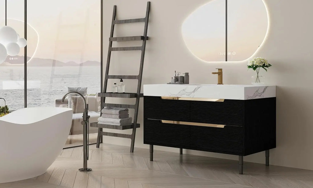 36" Modern Bathroom Vanity with Ceramic Sink – Sintered Stone Top, 4 Soft-Close Drawers, Sturdy Solid Wood Cabinet,, Customized