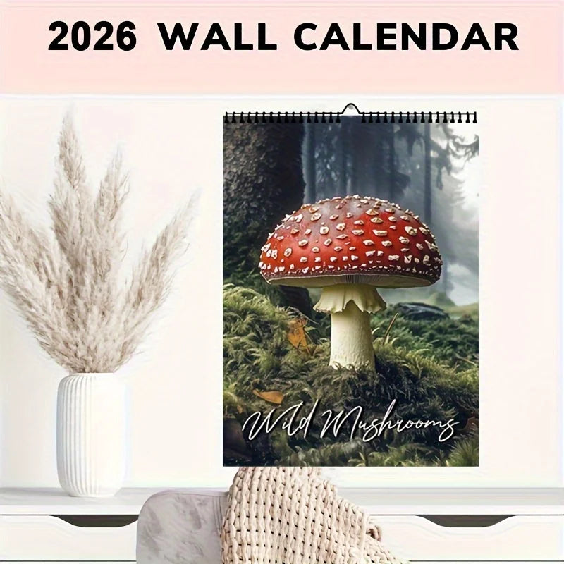 2026 Wild Mushroom Calendar - Red and white spotted mushroom，Including January to December and holidays