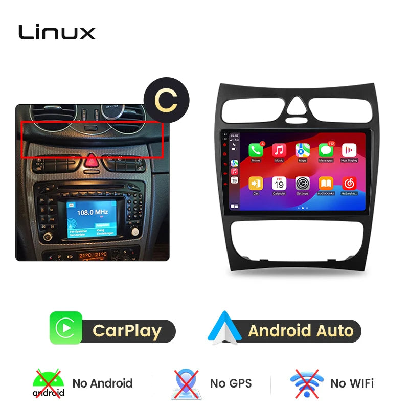 Junsun Wireless CarPlay Android Auto Car Radio For Mercedes-Benz C-Class (W203) / CLK-Class (C209/A209) 2000-2009 Built-in Cooling Fan Android GPS Navigation Multimedia Player WiFi DSP RDS BT SWC IPS Touch Screen Autoradio Vi