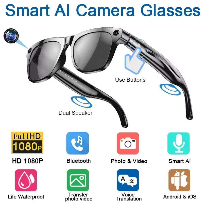 Lenovo AI Smart Glasses With 8K 1200mp Camera Chat Gpt Touch Sport Sunglasses Music Player Bluetooth Calling Voice Assistant