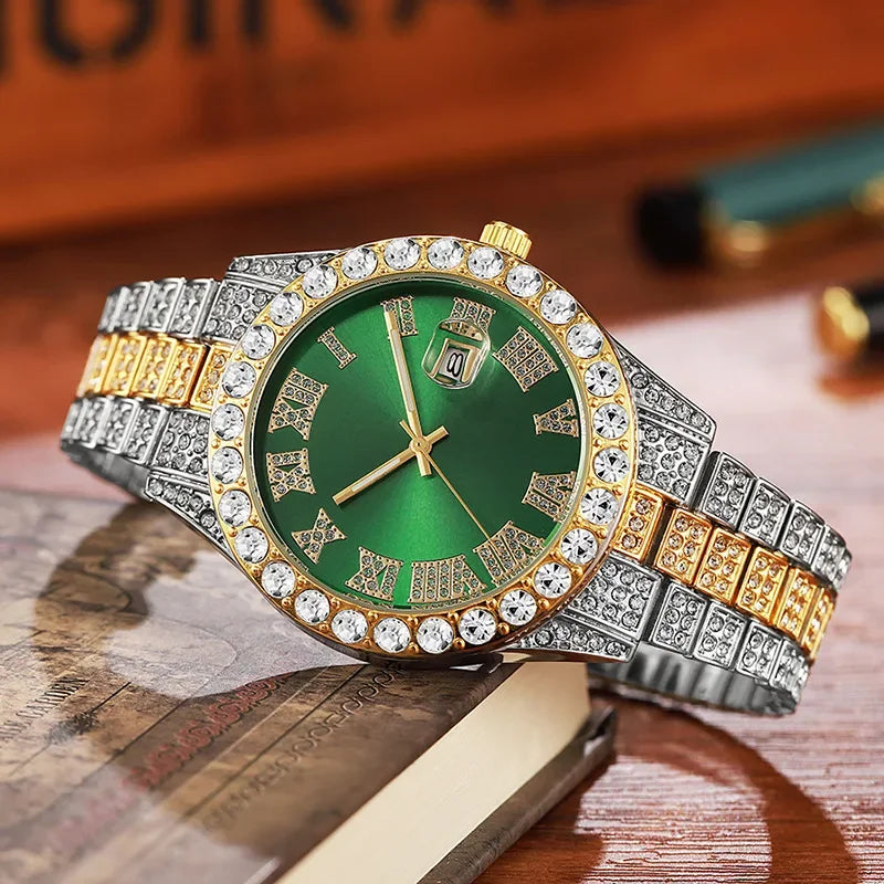 Stainless Steel Men's Watch Full Diamond Gold Quartz Watch Personality Hip-hop Feng Shui Ghost Roman Diamond Inlaid Men's Watch