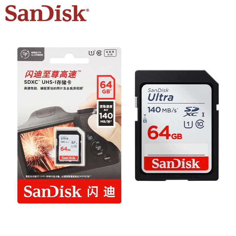SanDisk Ultra SDXC UHS-I Card 64GB 128GB 256GB 512GB SDHC Memory Card 32GB for Camera Max 140Mb/s Original SD Card HD Video Card