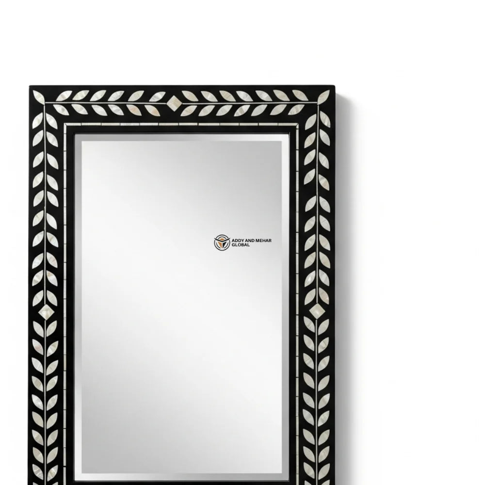 Luxury Art Deco Square Wedding MOP Inlay Decorative Mirror Intricate Leaf Motif Deep Black Wooden Frame Handmade Eco-Friendly