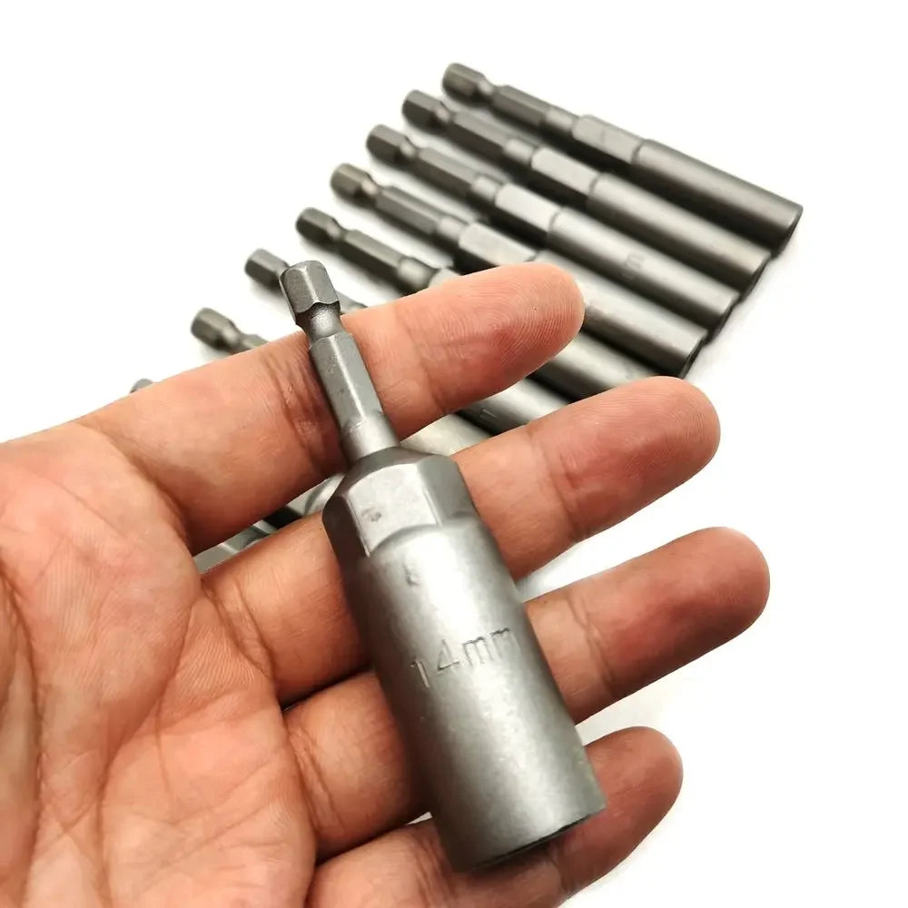 80mm Length Deepen Power Nut Driver Drill Bit Set 5.5-19MM Impact Socket Adapter For Power Tools 6.35MM Hex