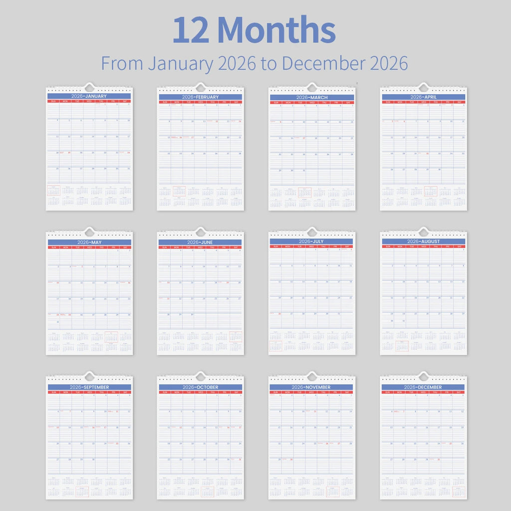 2026 A4 Wall Calendar Jan–Dec, Large Monthly Layout, Holiday Markings, Easy-Hang Spiral Design