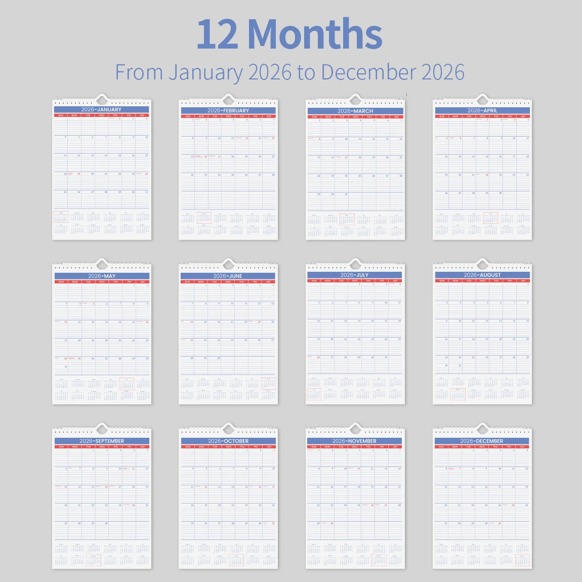 2026 A4 Wall Calendar Jan–Dec, Large Monthly Layout, Holiday Markings, Easy-Hang Spiral Design