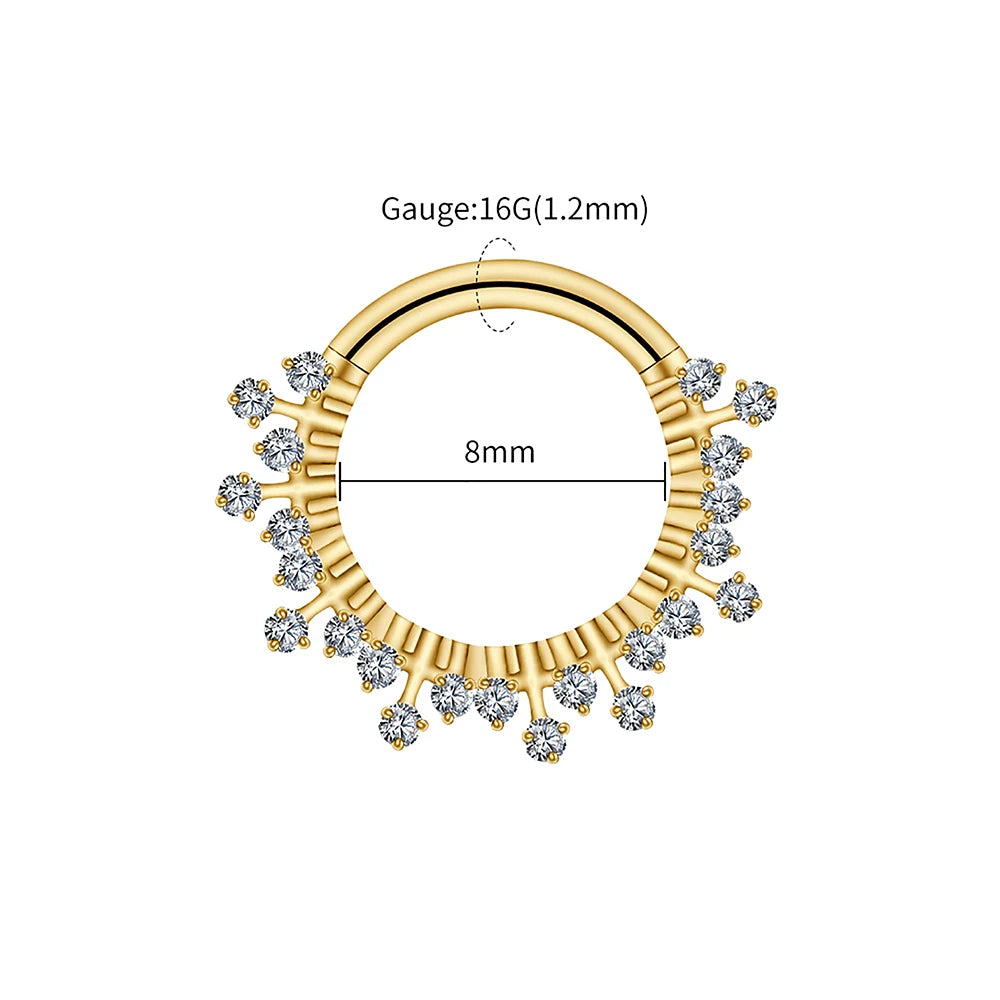 Right Grand ASTM F136 Titanium 16G CZ Hinged Clicker Segment Hoop Ring Sunburst CZ Daith Earring Septem Nose Piercing Jewelry